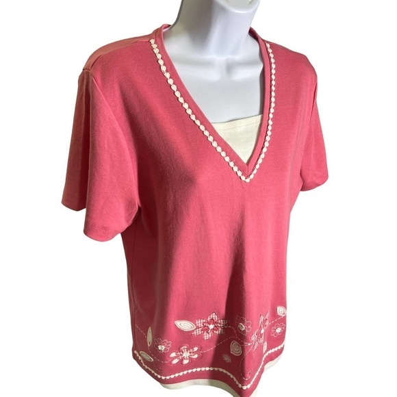 ALFRED Dunner Pink White Floral Embroidered Short Sleeve Top Women's Size Medium - Picture 3 of 7